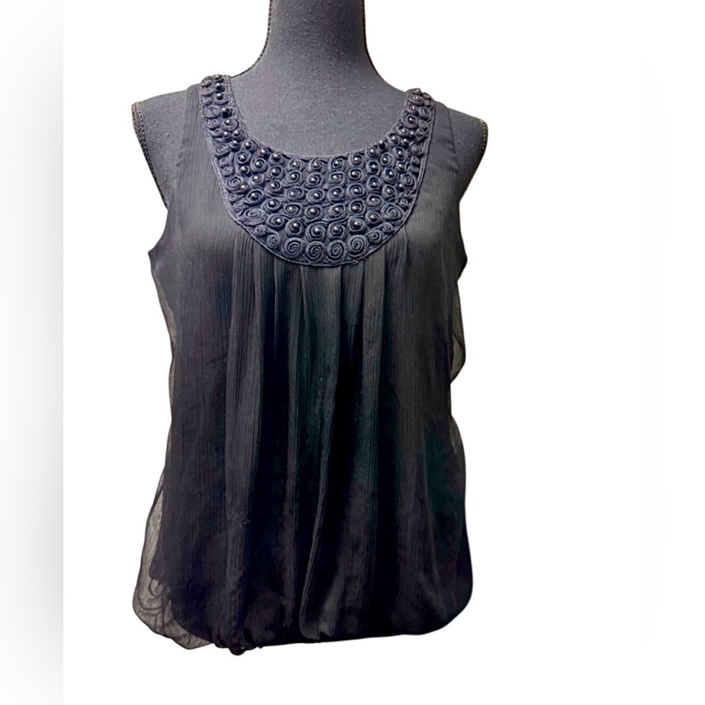21 Smocked Black Top beading & decorative neckline trim, elastic at waist Size M